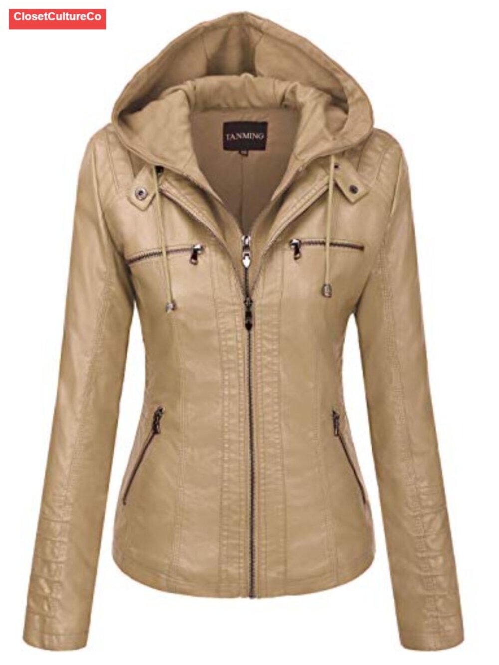 Faux Leather Jacket Hooded Moto Biker Coat Detachable Hood Vegan PU Leather